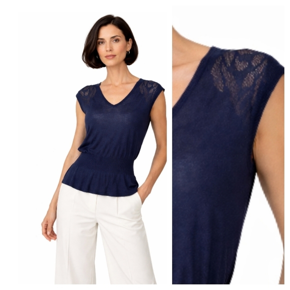 Ann Taylor Sleeveless Knit Top S Navy Lightweight Cotton - Picture 2 of 9